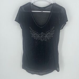 Rock & Republic Burnout Rhinestone Logo Wings Black T-Shirt size S Y2K Style‎